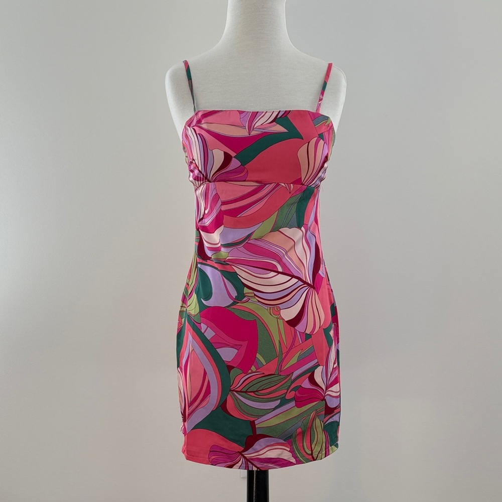 Vibrant Pink and Green Floral Mini Dress